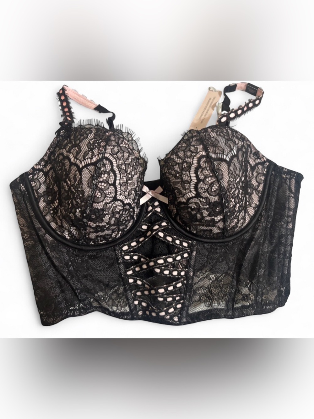 Victoria's Secret Black Lace Longline Bra with Pink Accents